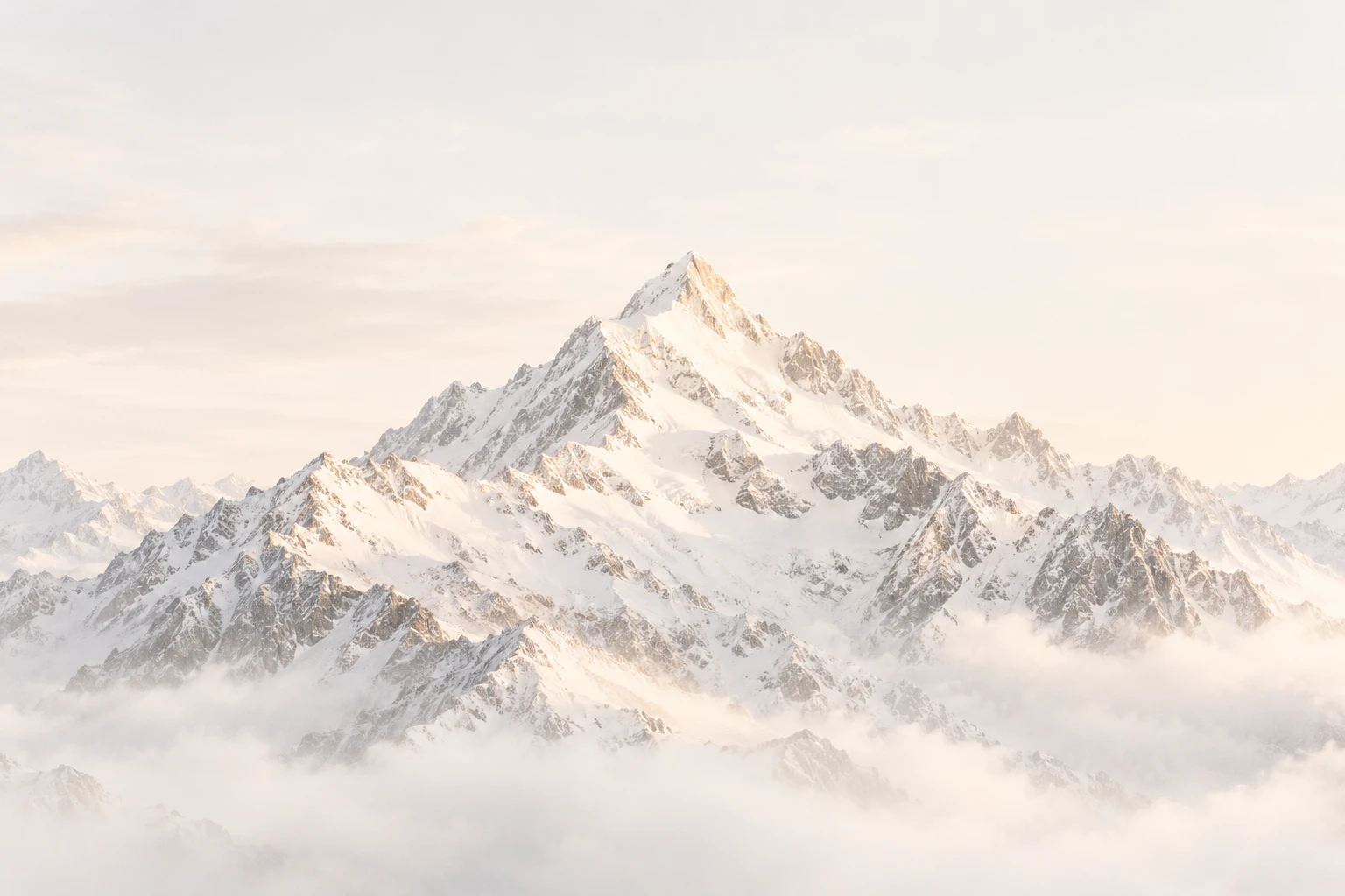 淡金晨光中的完整雪峰