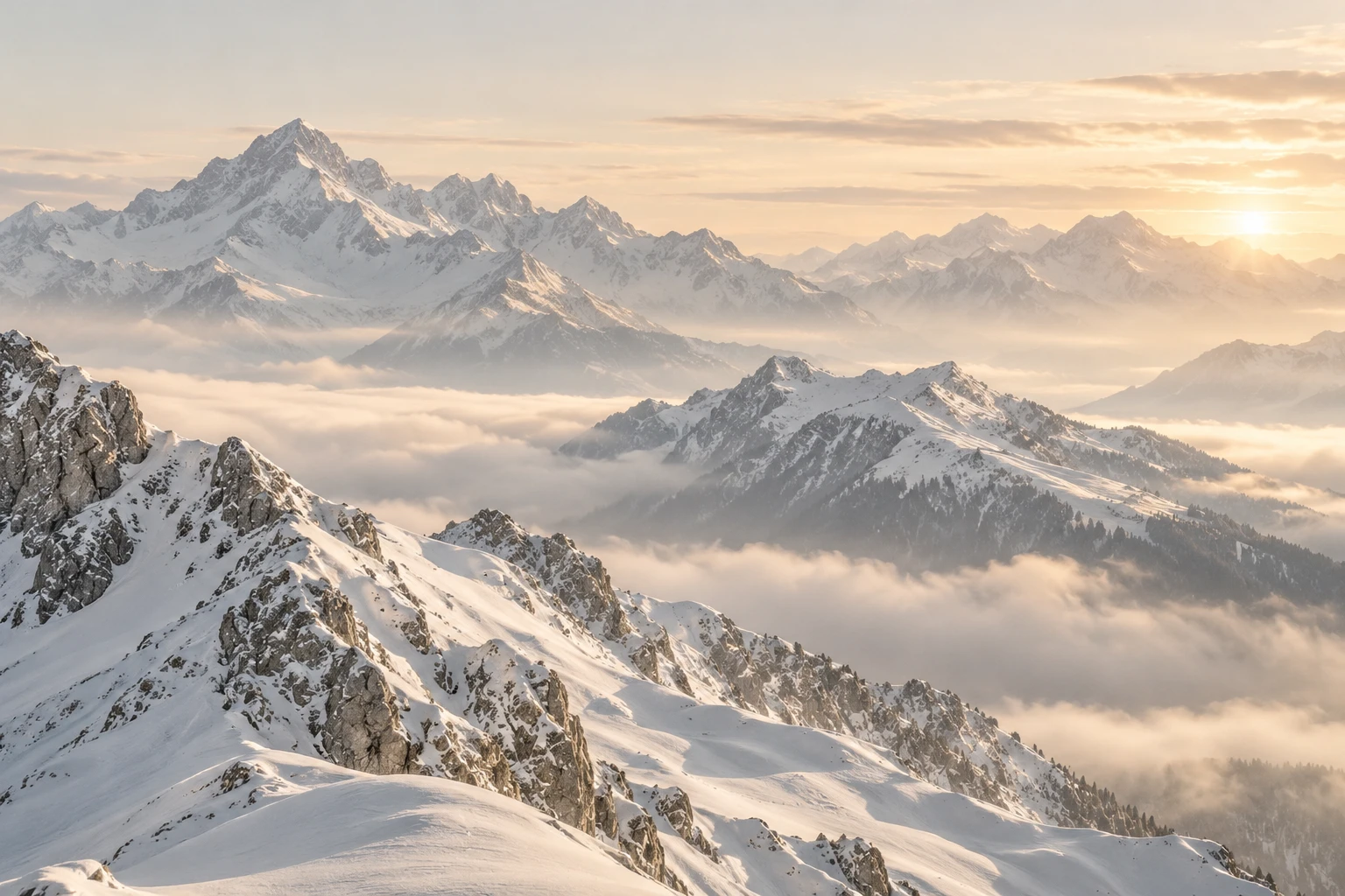 晨光下彼此相连的雪山山脊